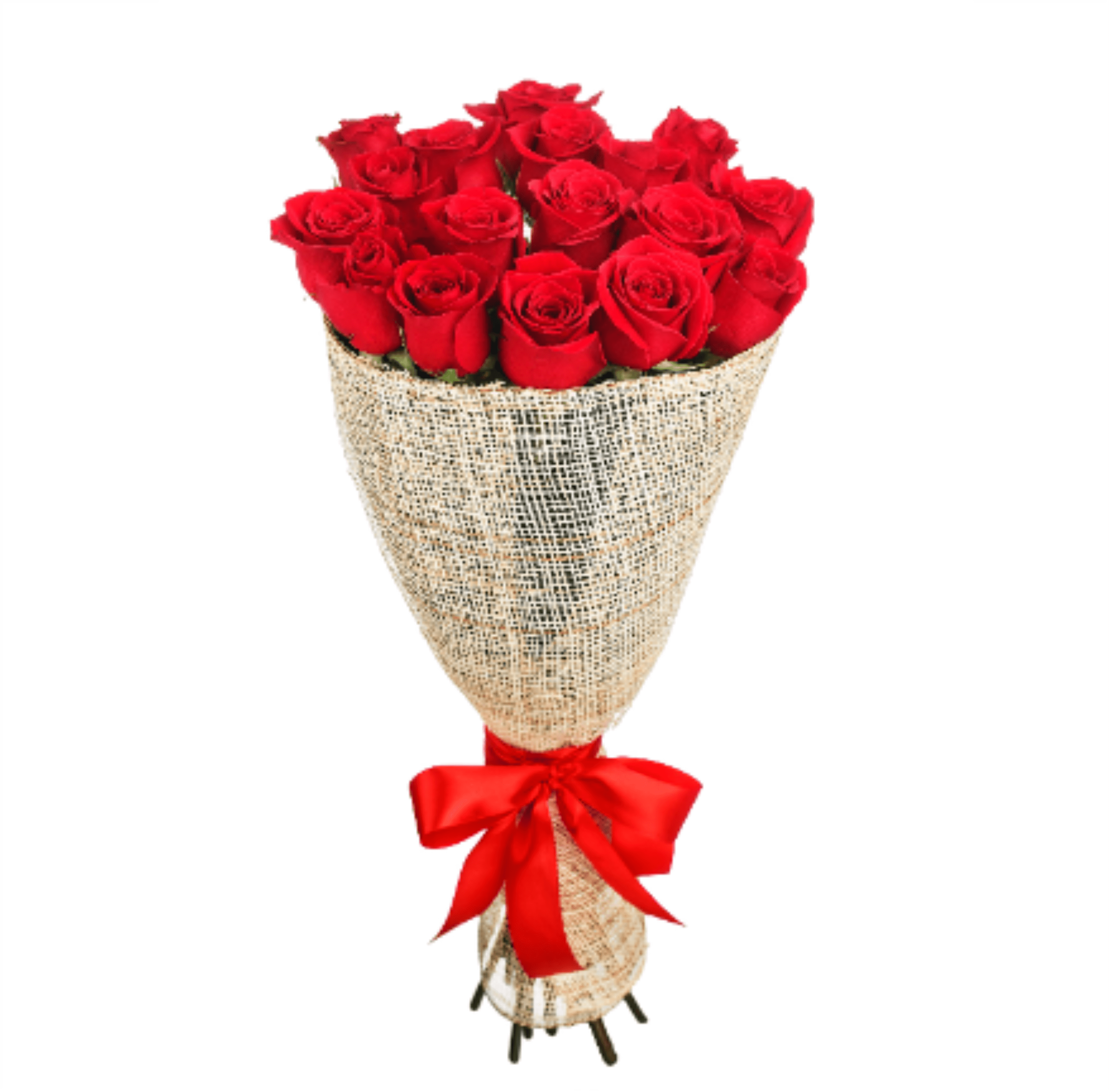 Bouquet of red roses wrapped in burlap with a red ribbon