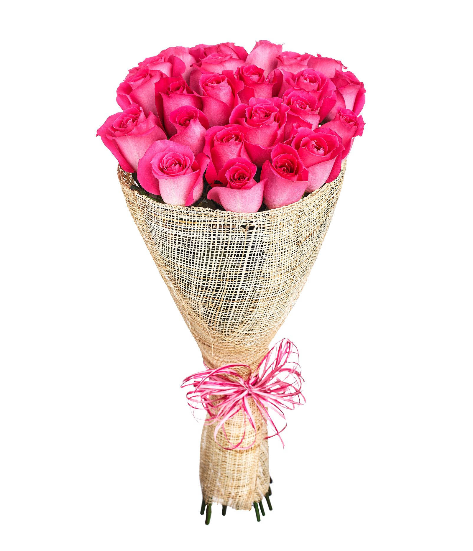 Bouquet of bright pink roses wrapped in burlap with a pink ribbon