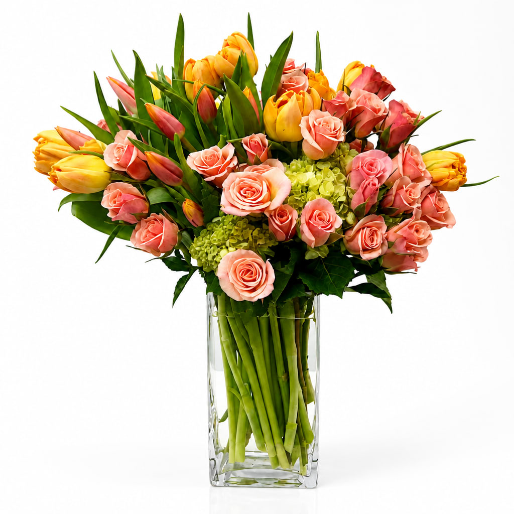 Bouquet of pink and yellow roses and tulips in a clear glass vase