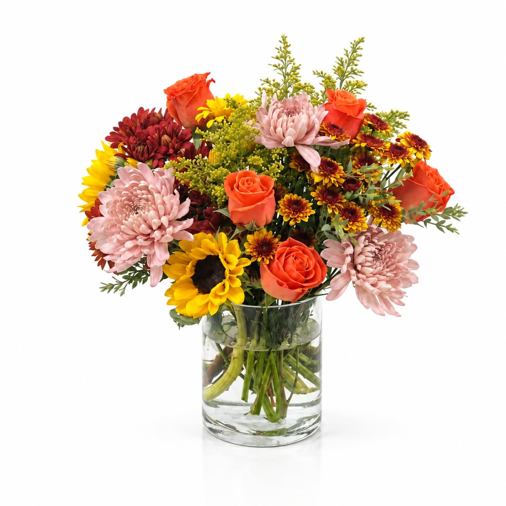 Mixed bouquet of roses, chrysanthemums, and sunflowers in a clear glass vase
