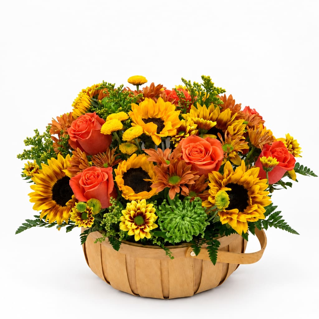 Basket arrangement of sunflowers, orange roses, and mums