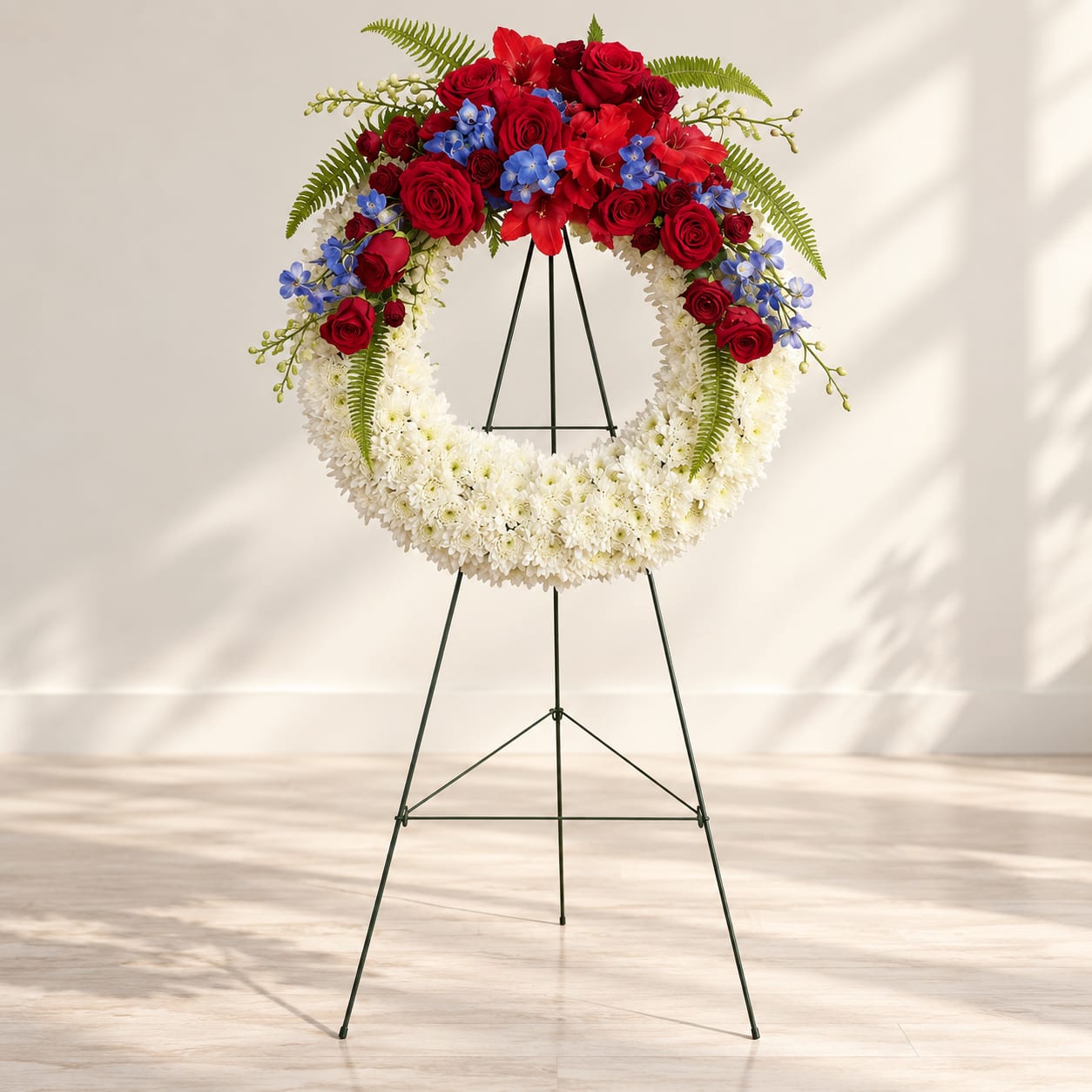 Floral wreath on a metal stand with red roses, white flowers, and blue accents