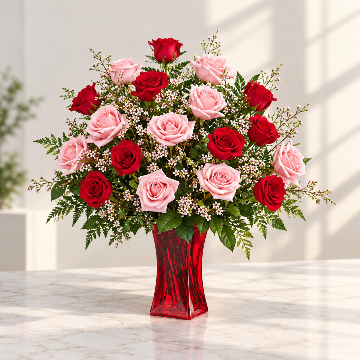 Red and pink roses arranged in a red glass vase