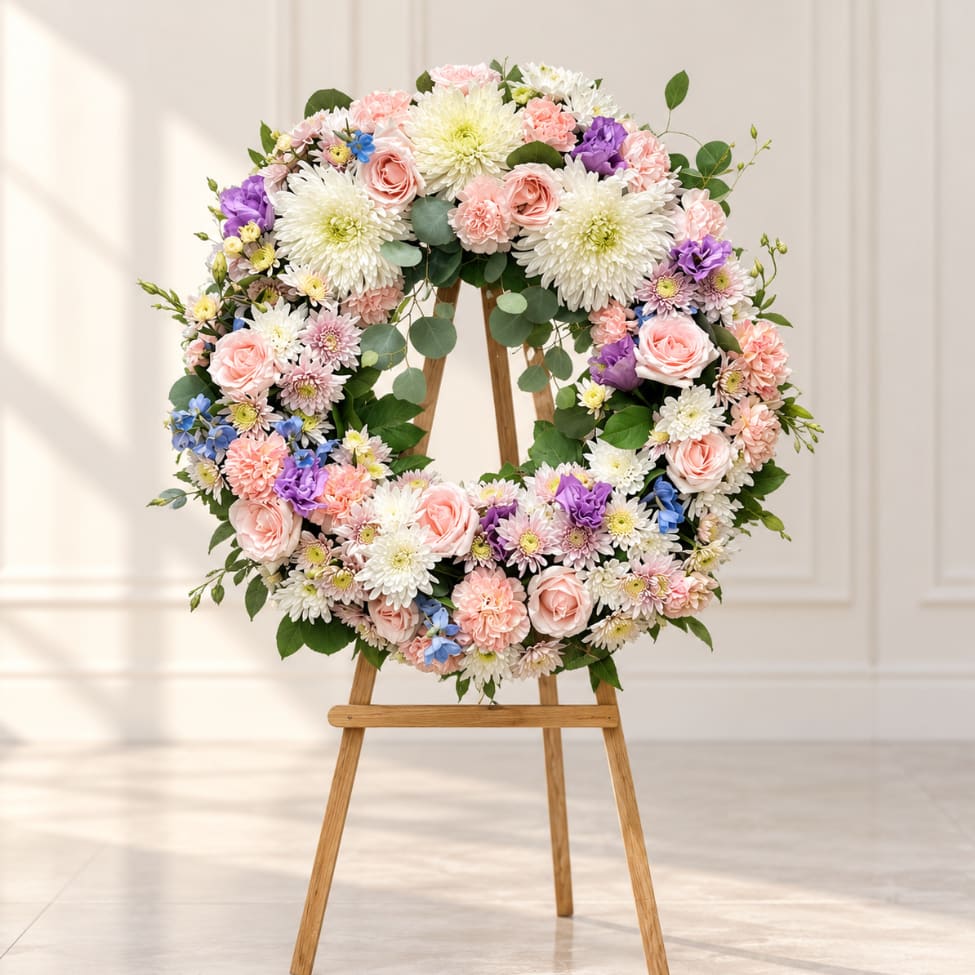 Floral wreath of pink, white, purple, and blue flowers on a wooden easel