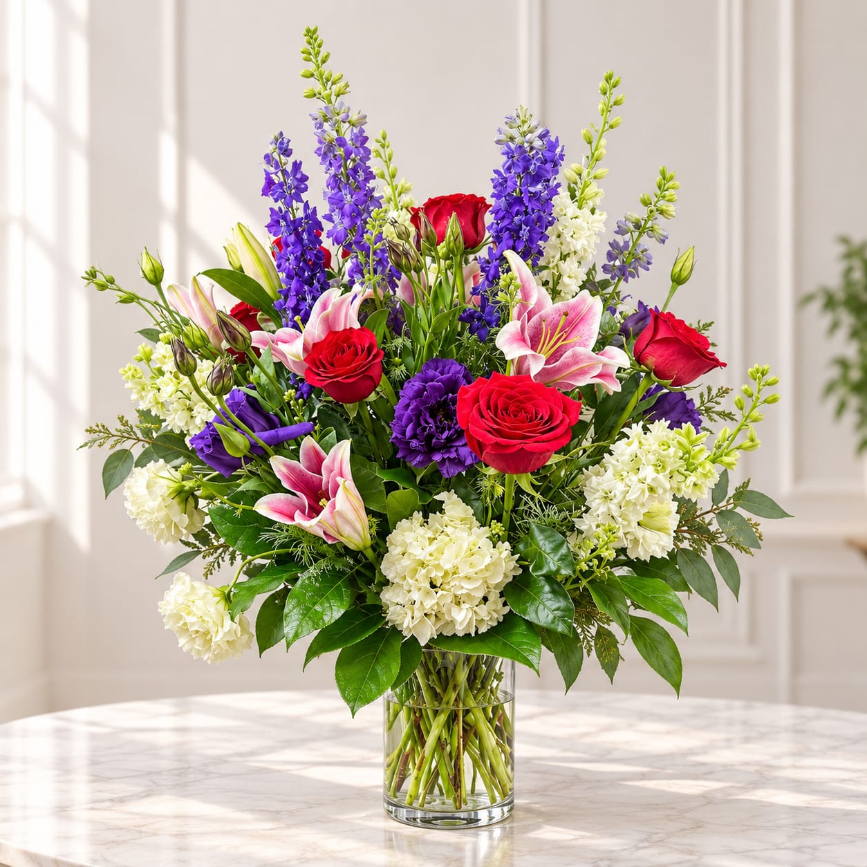 Mixed bouquet of red roses, pink lilies, purple blooms, and white flowers in a glass vase