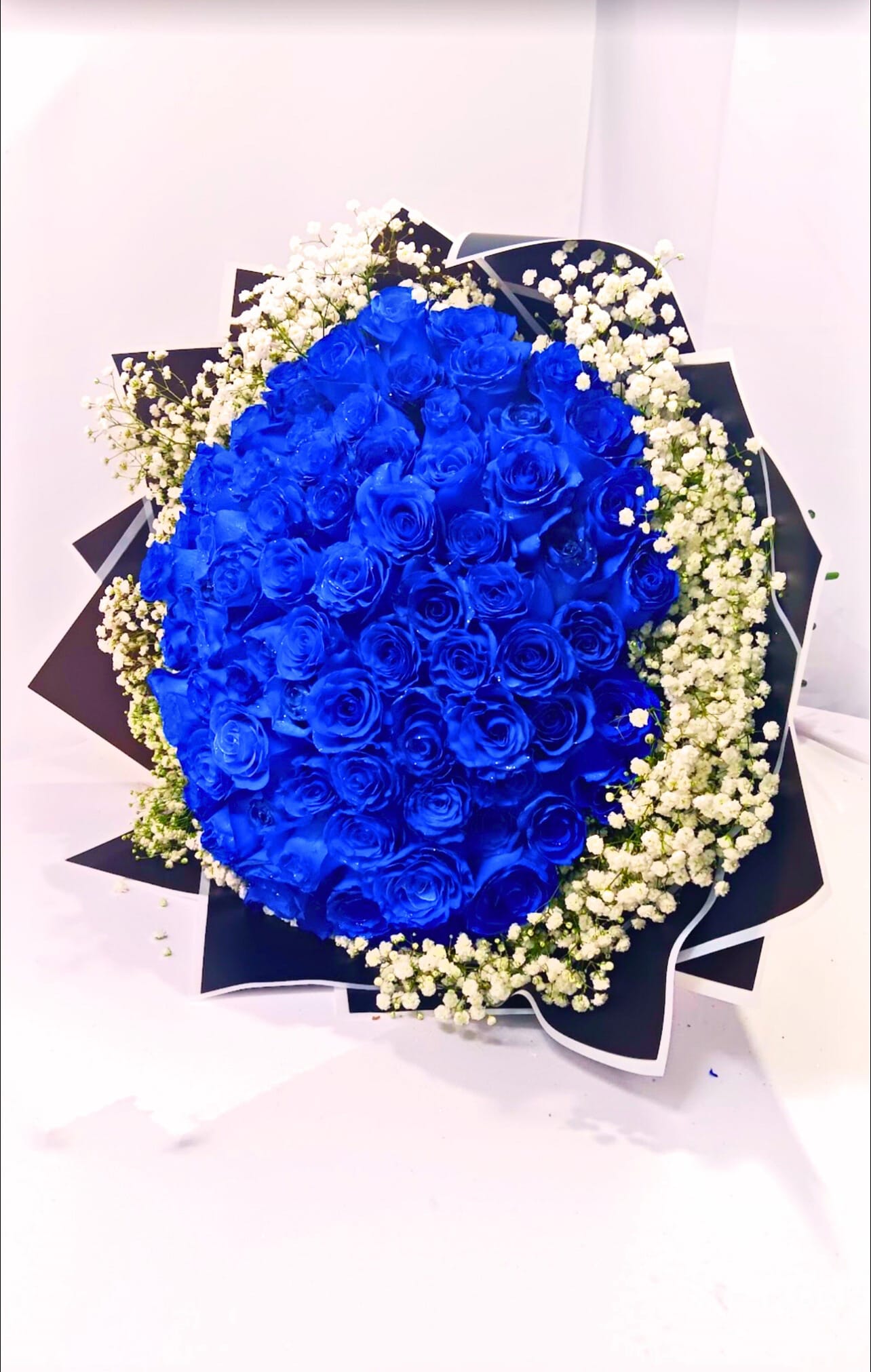 Bouquet of vivid blue roses with white baby's breath