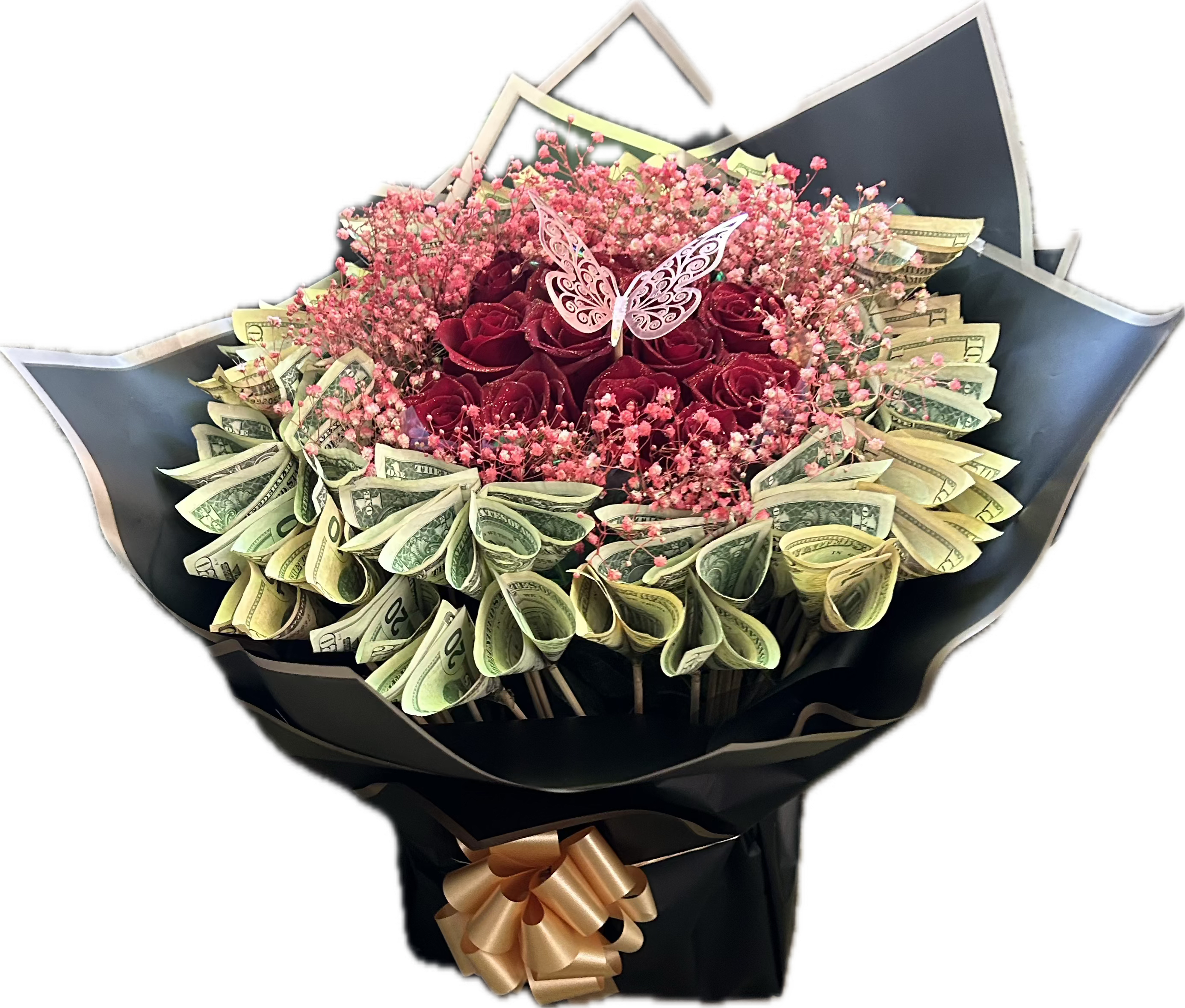 Bouquet of red roses with pink baby's breath and folded dollar bills