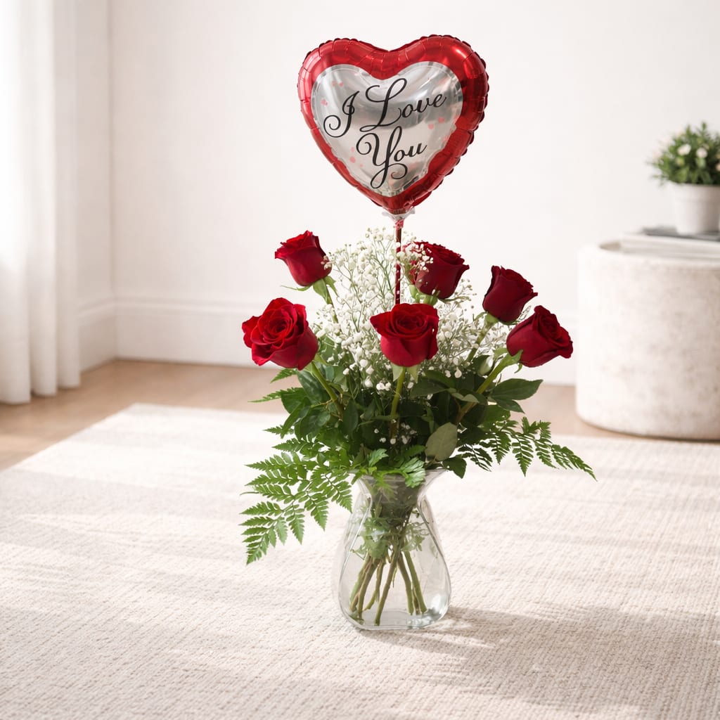 Red roses in a glass vase with a heart balloon reading I Love You