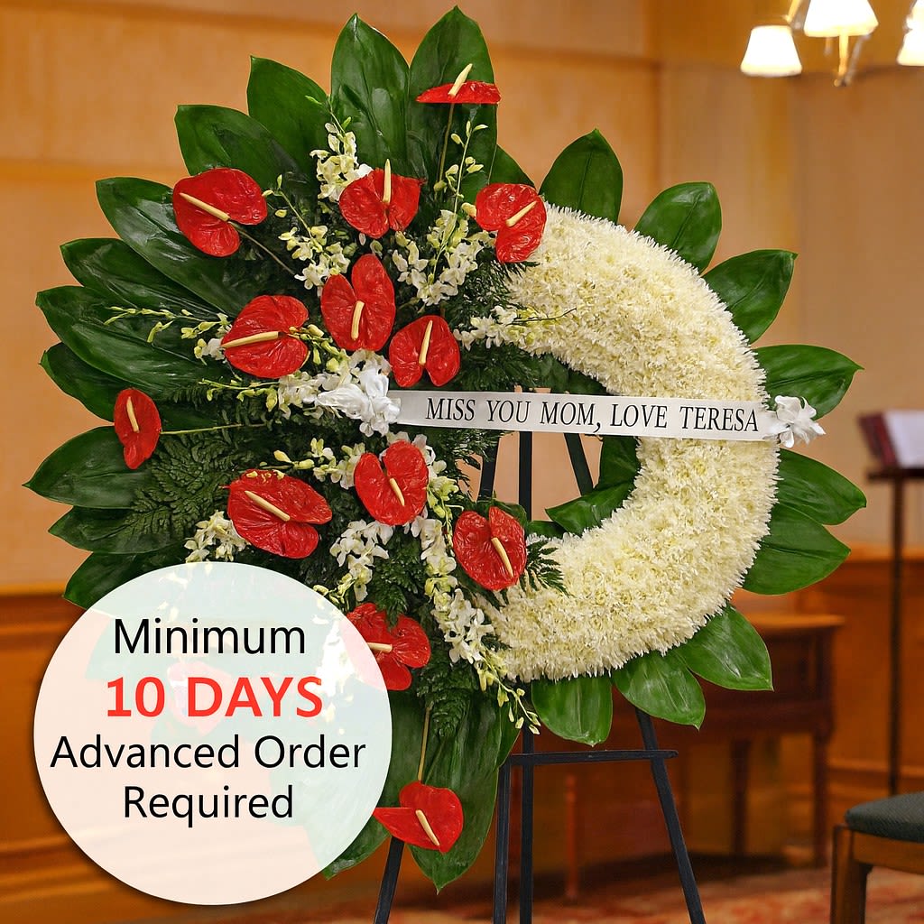 Large standing wreath with white flowers and red blooms on a green leaf backdrop with a memorial ribbon.