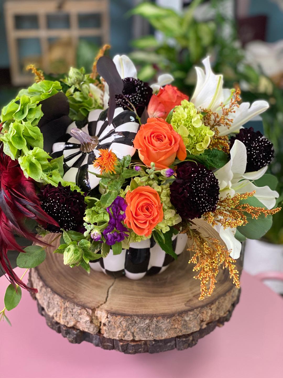 Funky Pumpkin - Limited edition! Black and white checkered pumpkin filled with a funky seasonal arrangement
