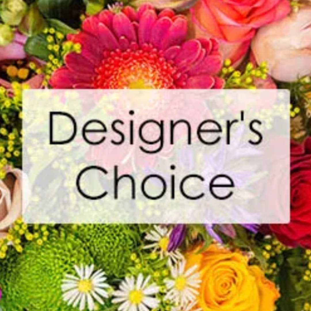 Mixed bouquet background with a "Designer’s Choice" text overlay