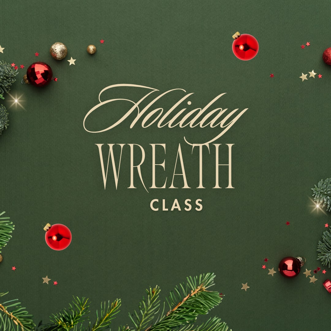 Holiday wreath class graphic with red ornaments on a green background