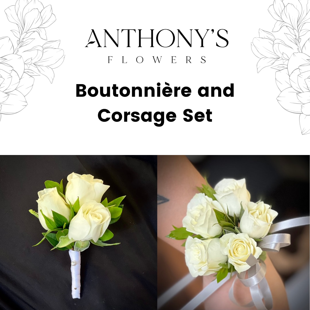 White rose boutonniere and corsage set with ribbon accents