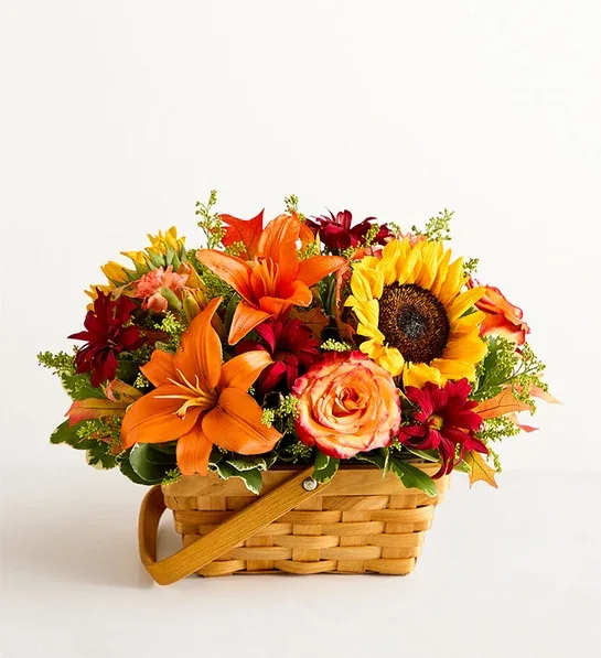 Fields of Europe® for Fall Basket - About Fields of Europe® for Fall Basket Inspired by the beauty of the European countryside, our best-selling autumn bouquet is designed with fresh-picked flowers in a charming basket. Pops of rich red among golden yellow and warm orange hues create a vibrant gift that lets them know they’re on your mind.