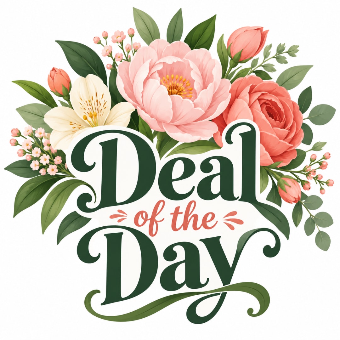 Floral graphic with pink and coral blooms around the words "Deal of the Day"