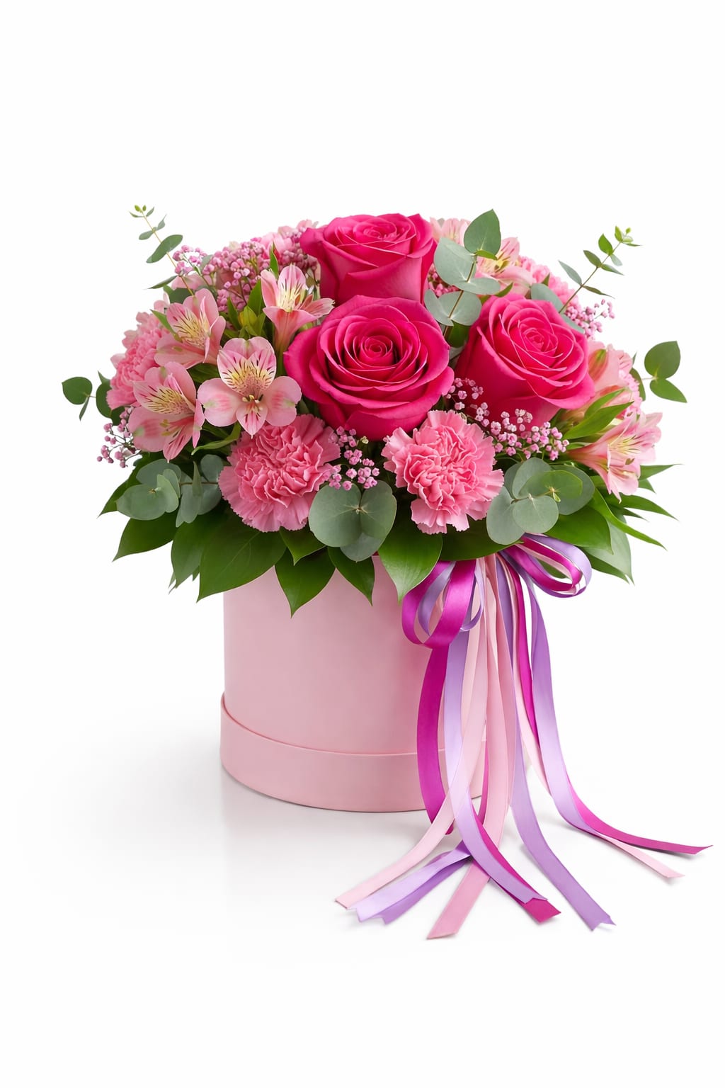 Pink roses and carnations in a pink hatbox with ribbon tails