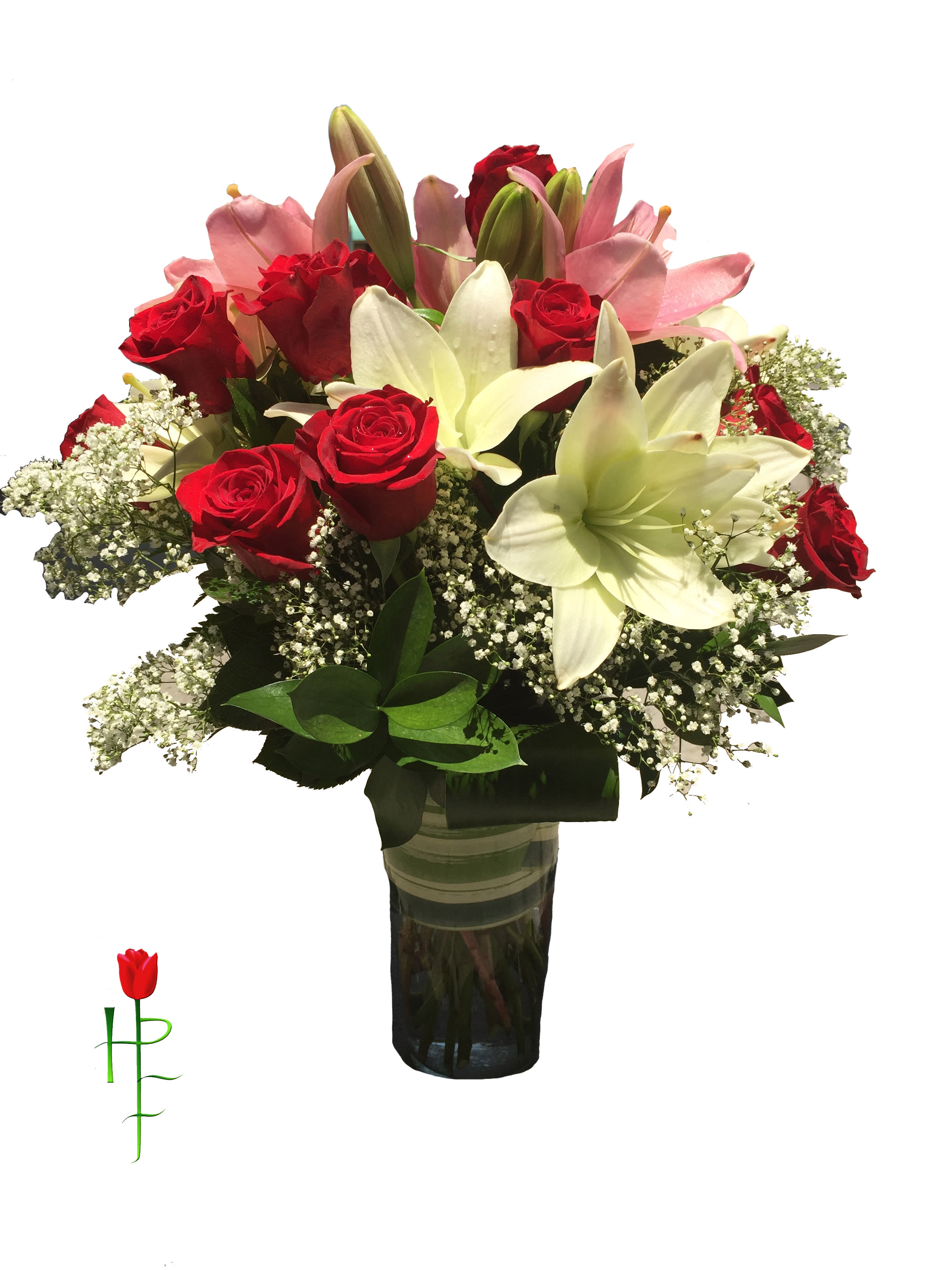  Roses &amp; Lilies - Red roses with lilies arranged into a vase with greenery and babies breath.   NOT CAT-FRIENDLY FLOWERS