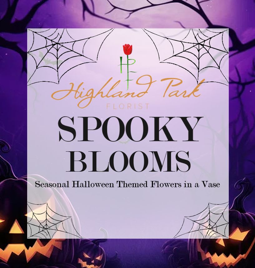 Spooky Blooms - Seasonal Halloween flowers arranged in a vase with filler and greens. 
