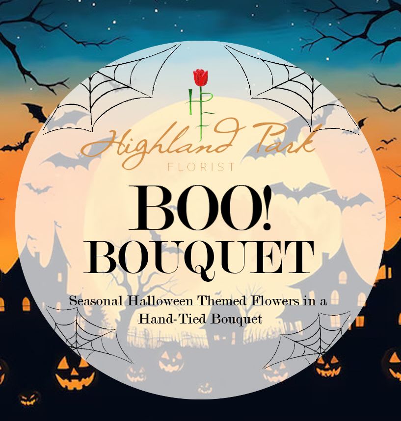 Boo! Bouquet - Seasonal Halloween flowers arranged into a hand-tied bouquet with fillers and greens. 