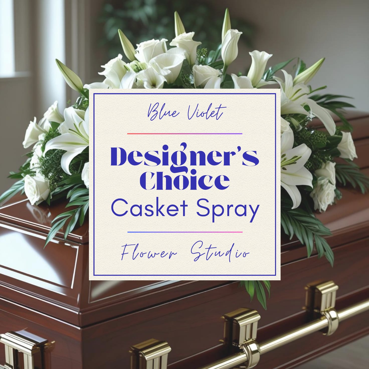White casket spray with lilies and roses on a wooden casket