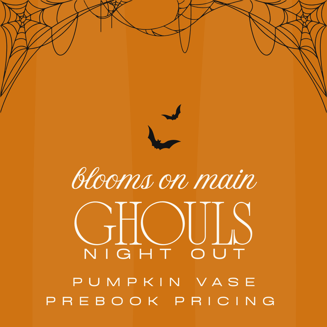 Orange Halloween-themed graphic with bats and spiderwebs and event text