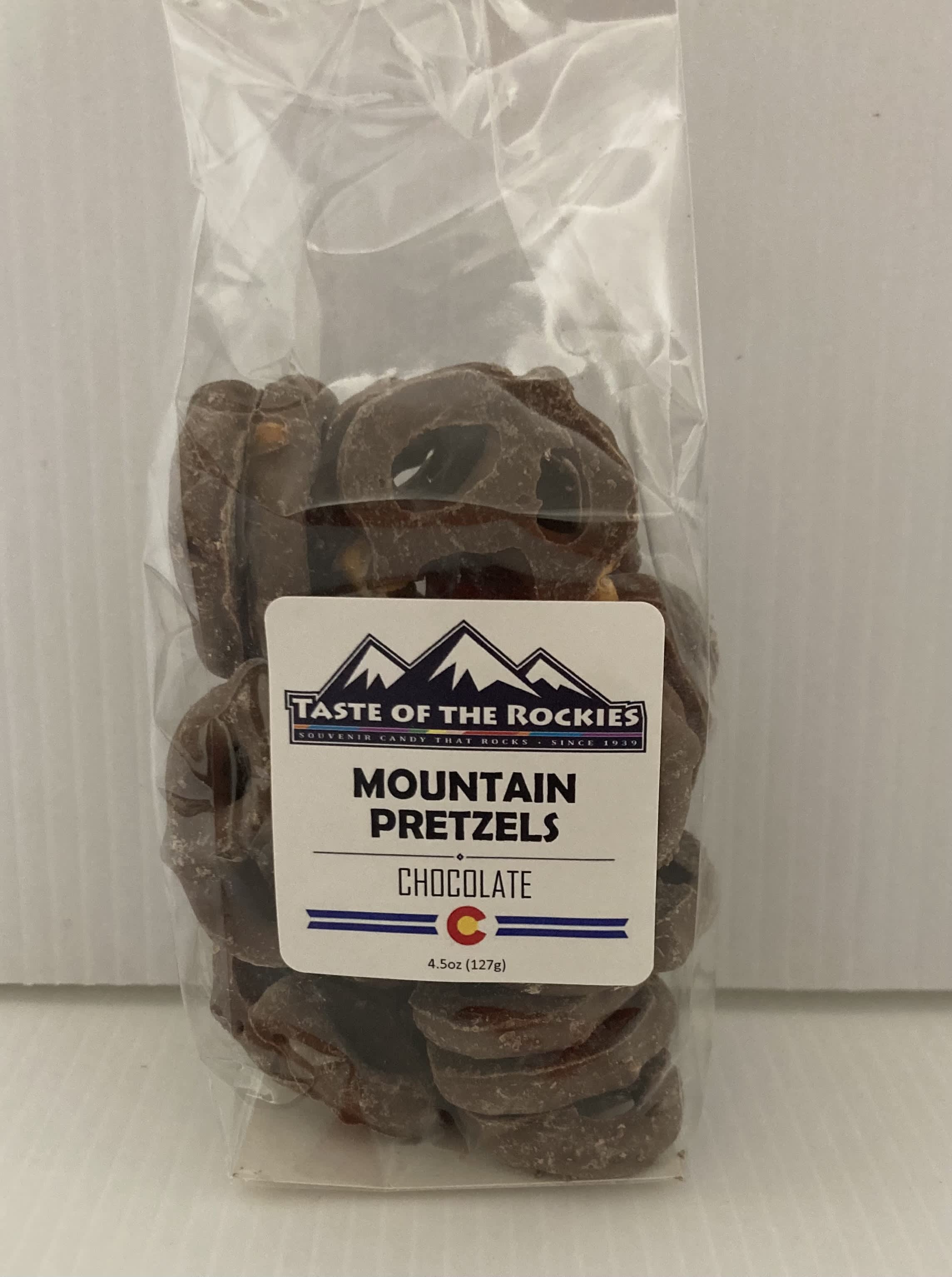 Bag of chocolate-covered pretzels with a product label