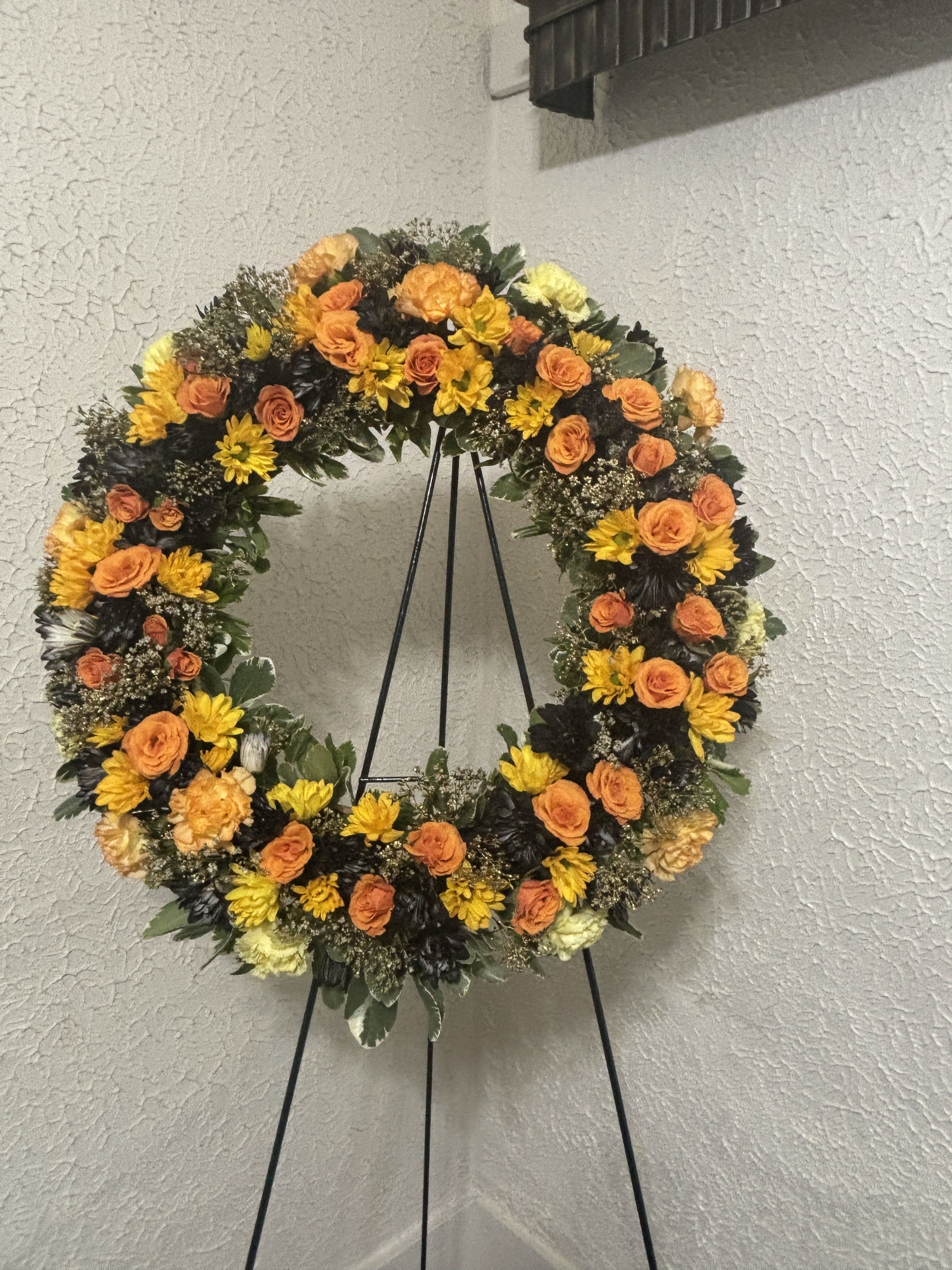 Western Sunset Wreath - Spray has roses, carnations, spray roses, daisies and greenery, If you would like different colors that is no problem just let us know and we can use your color scheme