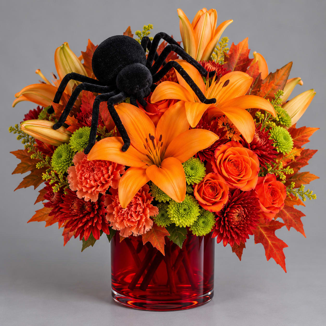 Orange lilies and roses in a red glass vase with a black spider decoration