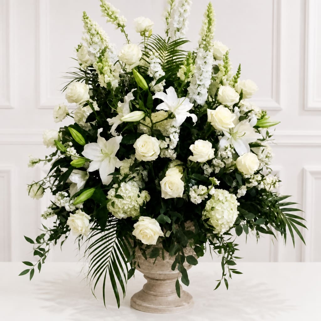 White floral arrangement with roses and lilies in a stone pedestal vase
