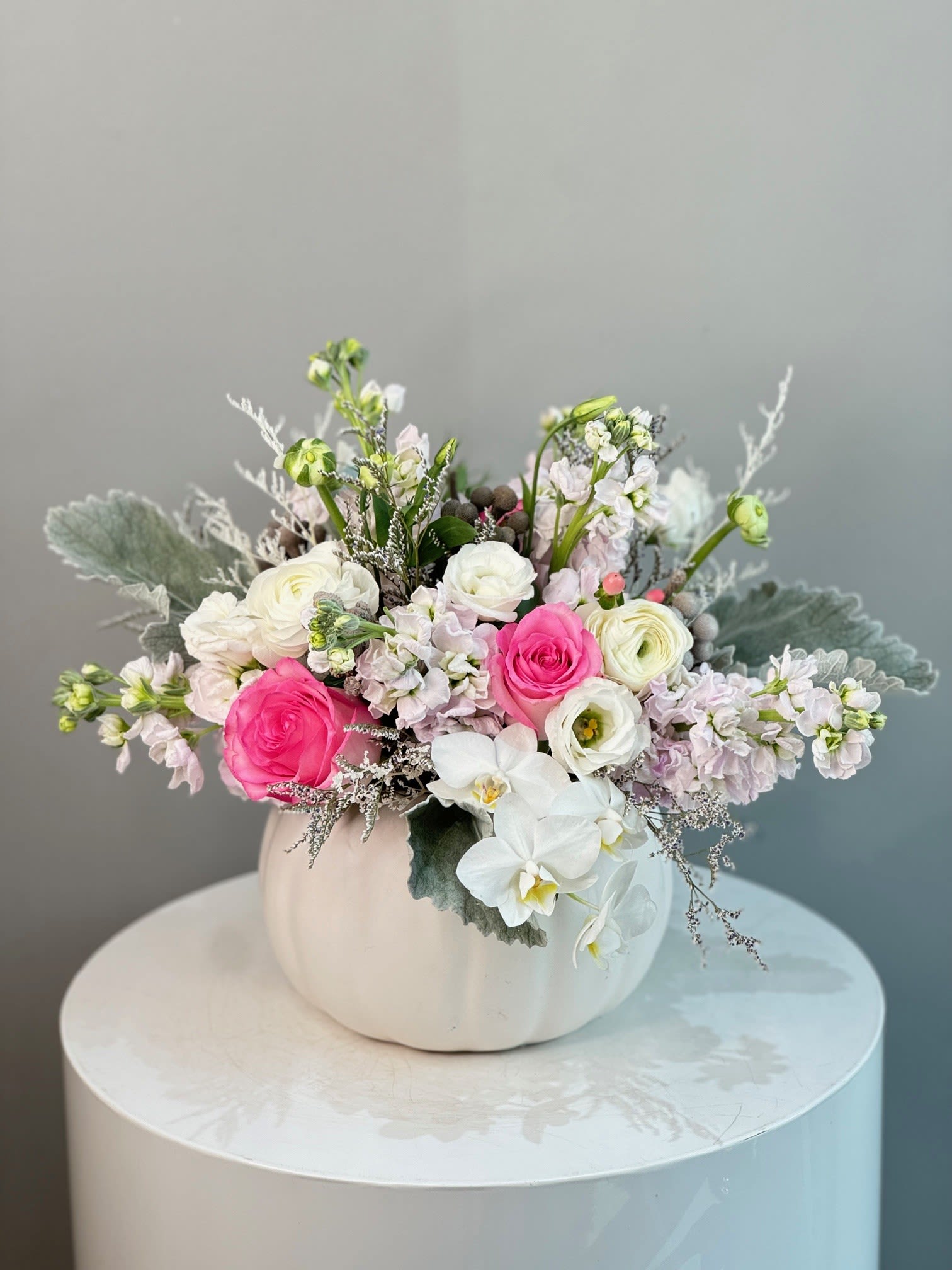 Ceramic Pumpkin With Fresh Flowers - White/Pink ™ - Medium size ceramic pumpkin filled with fresh flowers.