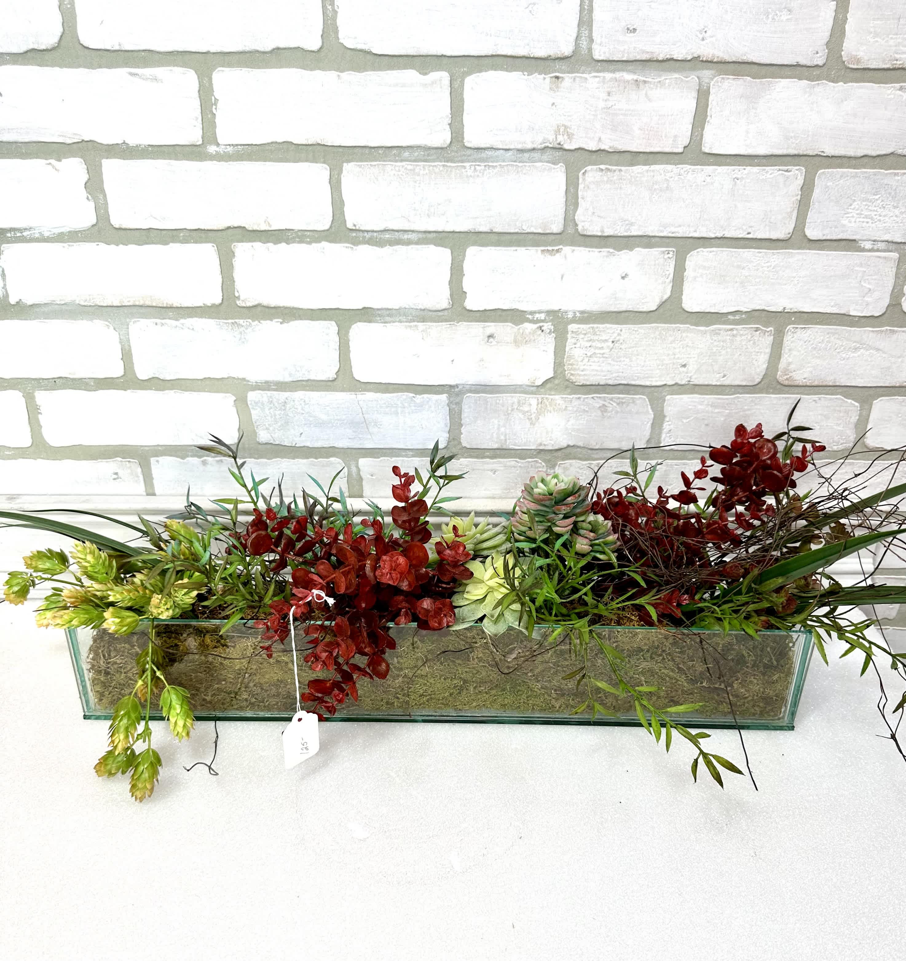 Long rectangular planter with red and green succulents and trailing foliage