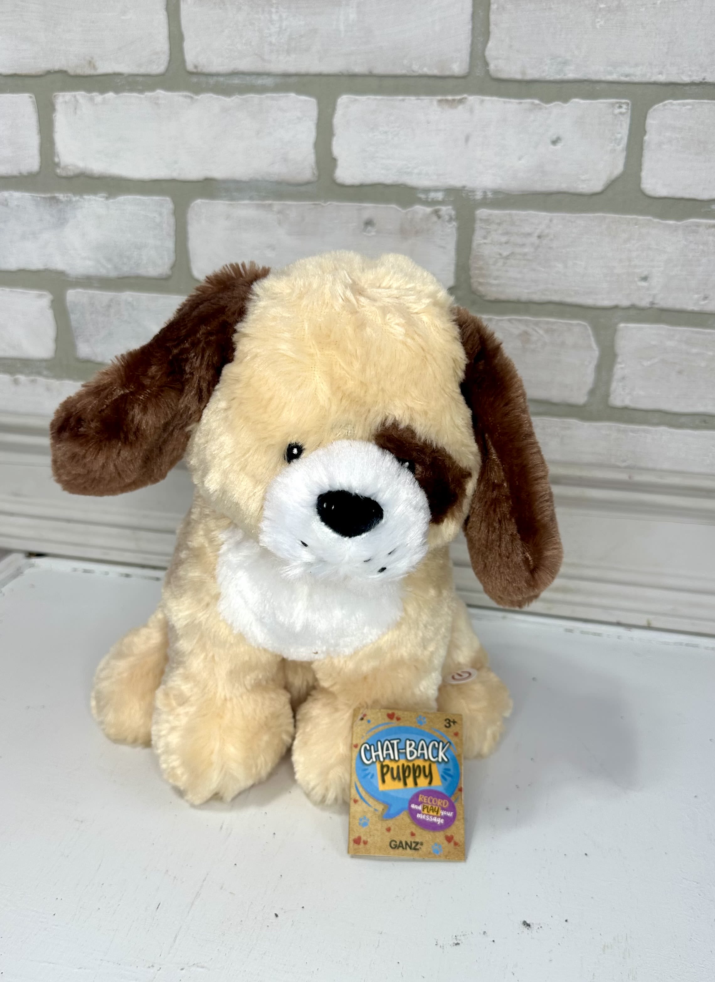 Plush puppy toy with a tag attached