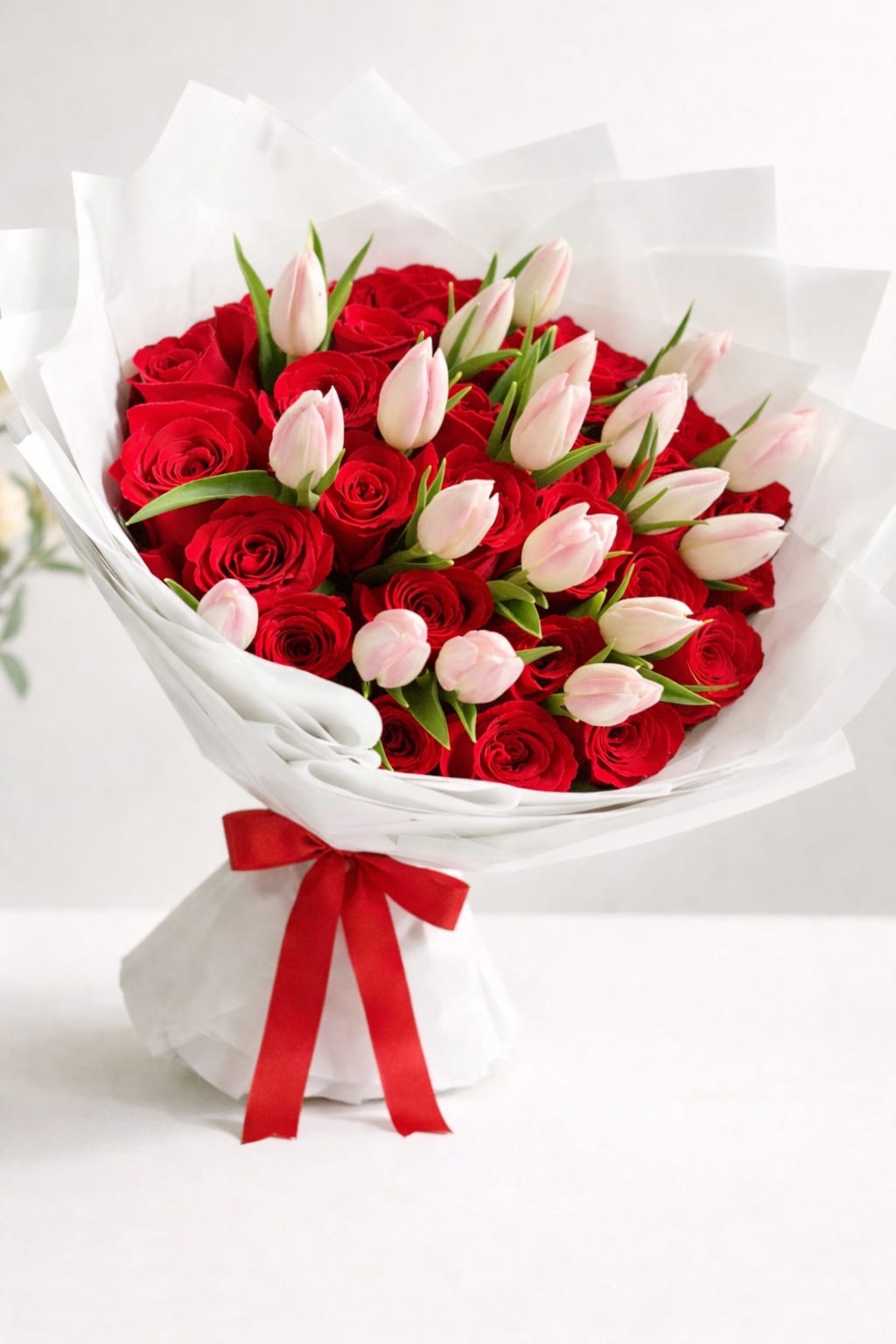 Pasion &amp; Puresa Deluxe  - Sofisticado arreglo q fusiona la intencidad del amor con la delicadeza de la ternura , compuesto por rosas rojas q simbolizan la pasion profunda y los tulipanes blancos q representan pureza y nuevos comiensos.