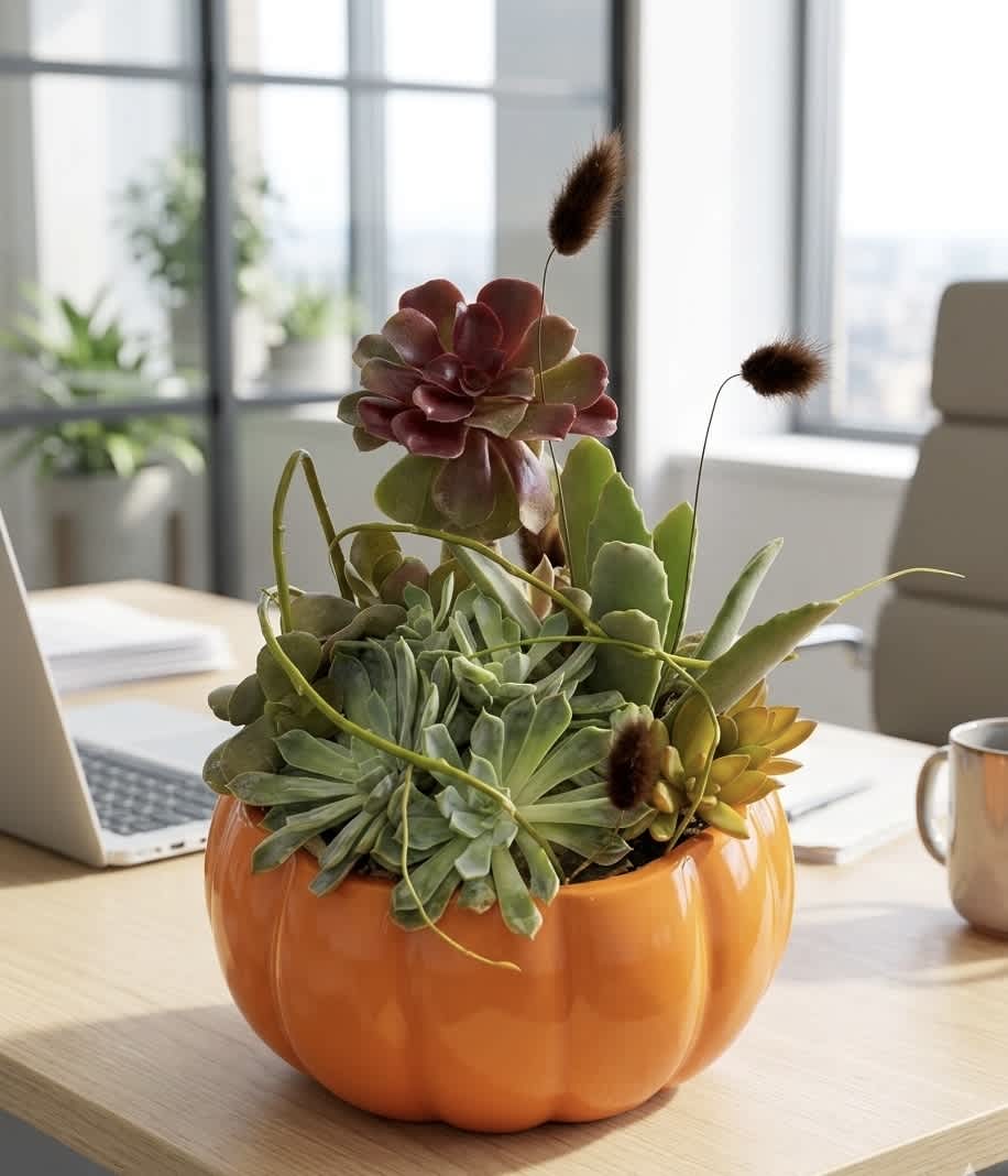 Succulent arrangement in an orange pumpkin-shaped pot on a desk