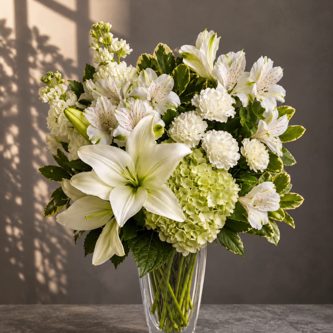 White lilies and mixed white flowers in a clear glass vase