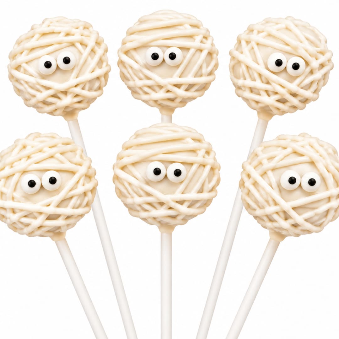 Five mummy-themed cake pops with candy eyes on white sticks