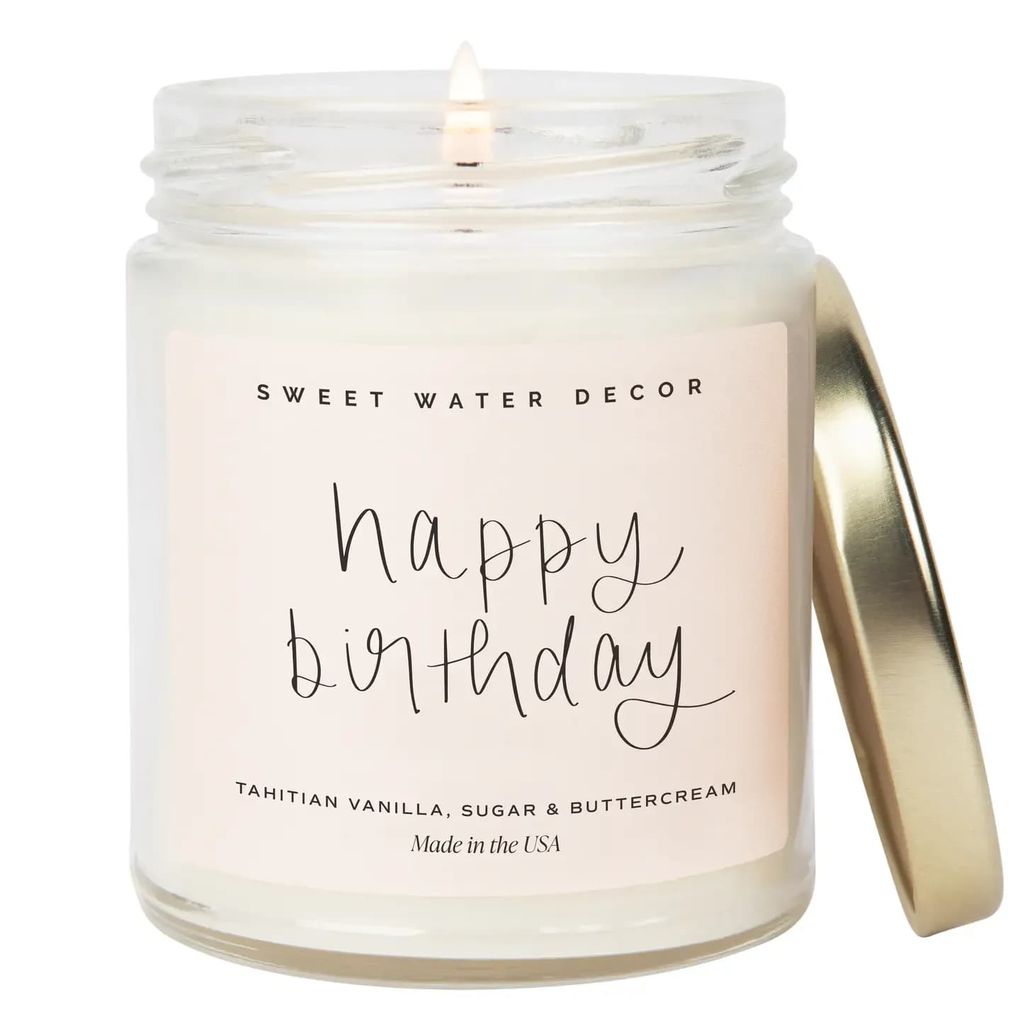 Happy Birthday 9 oz Soy Candle - Description  SCENT: Vanilla Buttercream  SCENT NOTES: • Top: Tahitian Vanilla • Middle: Powdered Sugar • Base: Buttercream  Hand poured in the USA, our clear jar vessel looks great in any space. Our fun Happy Birthday candle is perfect for birthdays, gifts, spring, summer, spring decor and home decor!