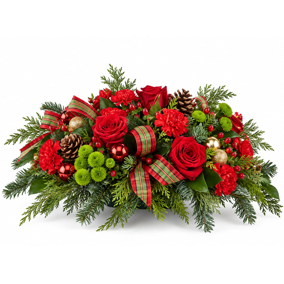 Red roses and carnations in a holiday arrangement with pinecones and ribbon