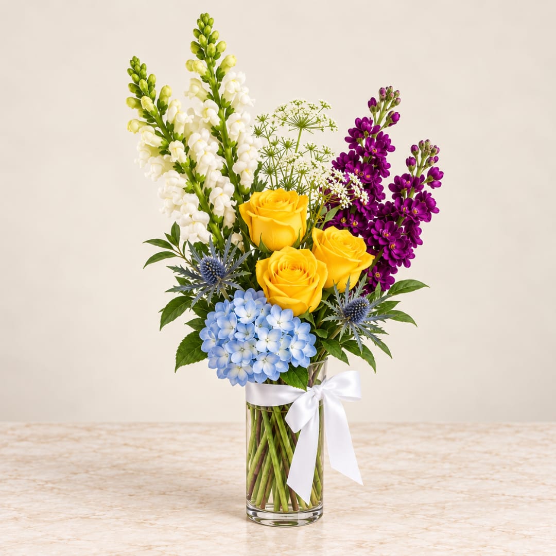 Bouquet of yellow roses, blue hydrangea, and purple flowers in a glass vase