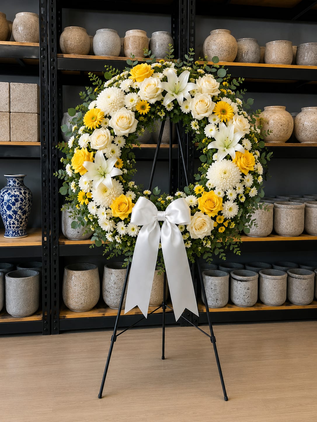 Yellow and white floral wreath on a black stand with a white ribbon bow