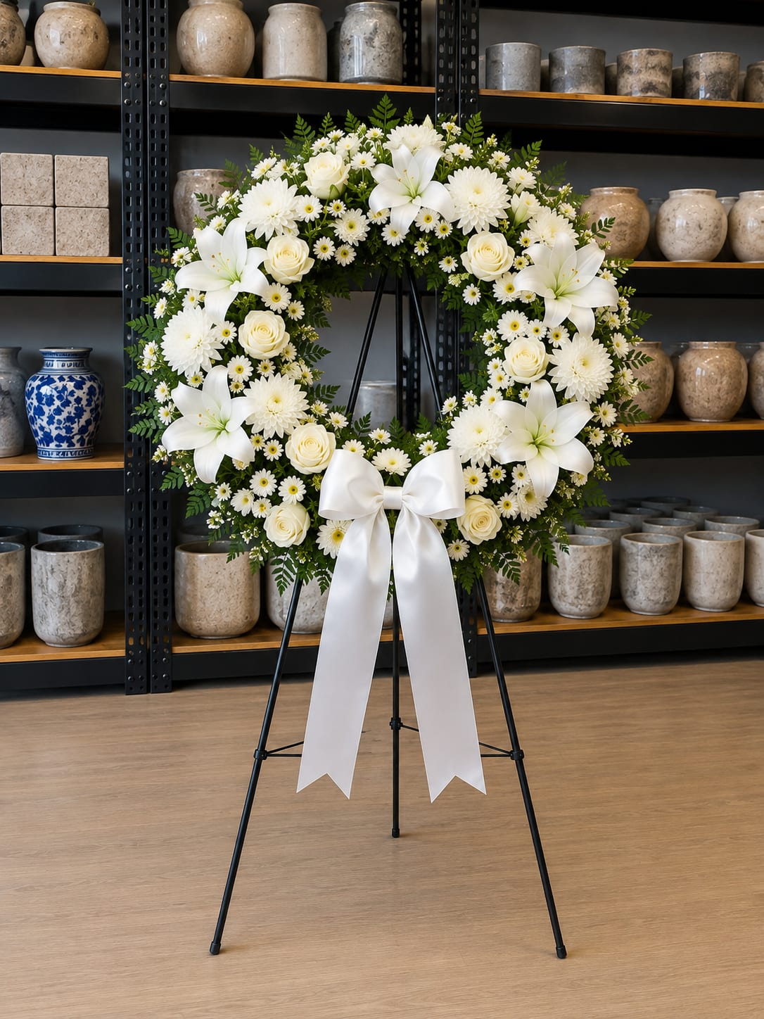 White floral wreath on a black stand with a white ribbon bow