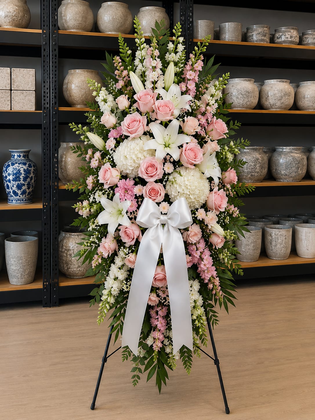 Standing floral spray with pink roses, white lilies, and a white ribbon bow