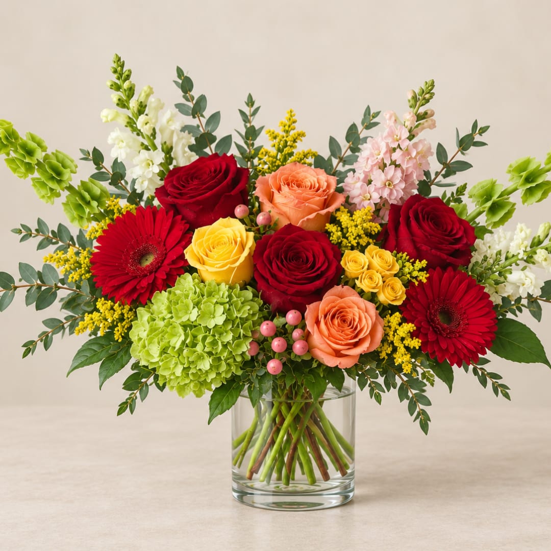 Mixed bouquet of roses, gerbera daisies, and hydrangea in a glass vase