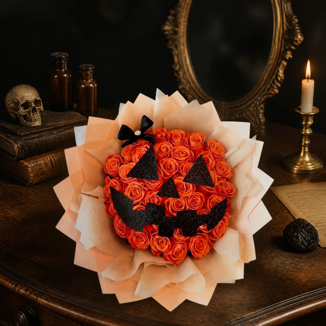 Orange rose bouquet with a jack-o'-lantern face and peach wrap
