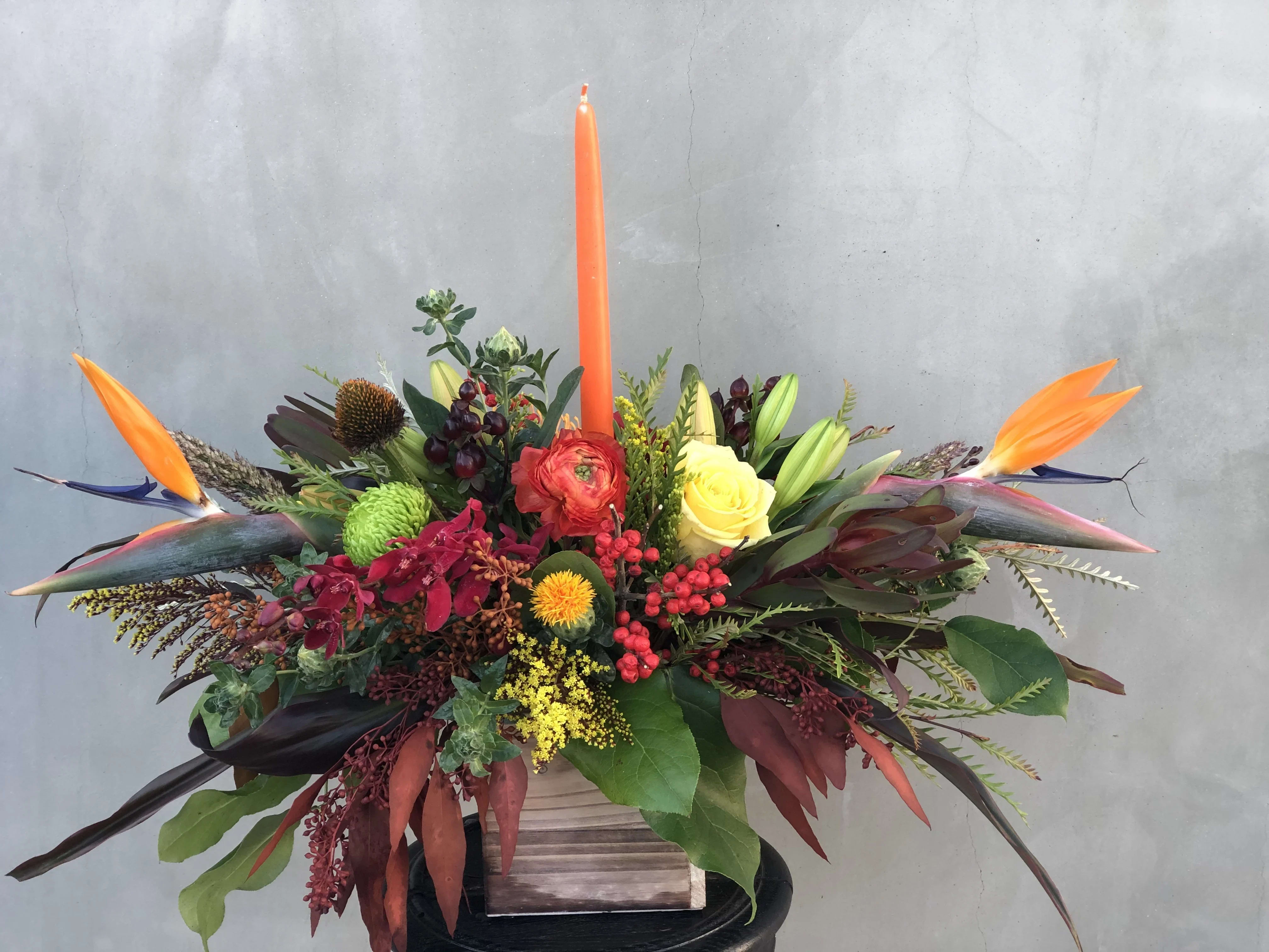 Thanksgiving  - Bird of paradise, tiger lilies, roses, spidermums, green filler all hand arranged in wooden box.