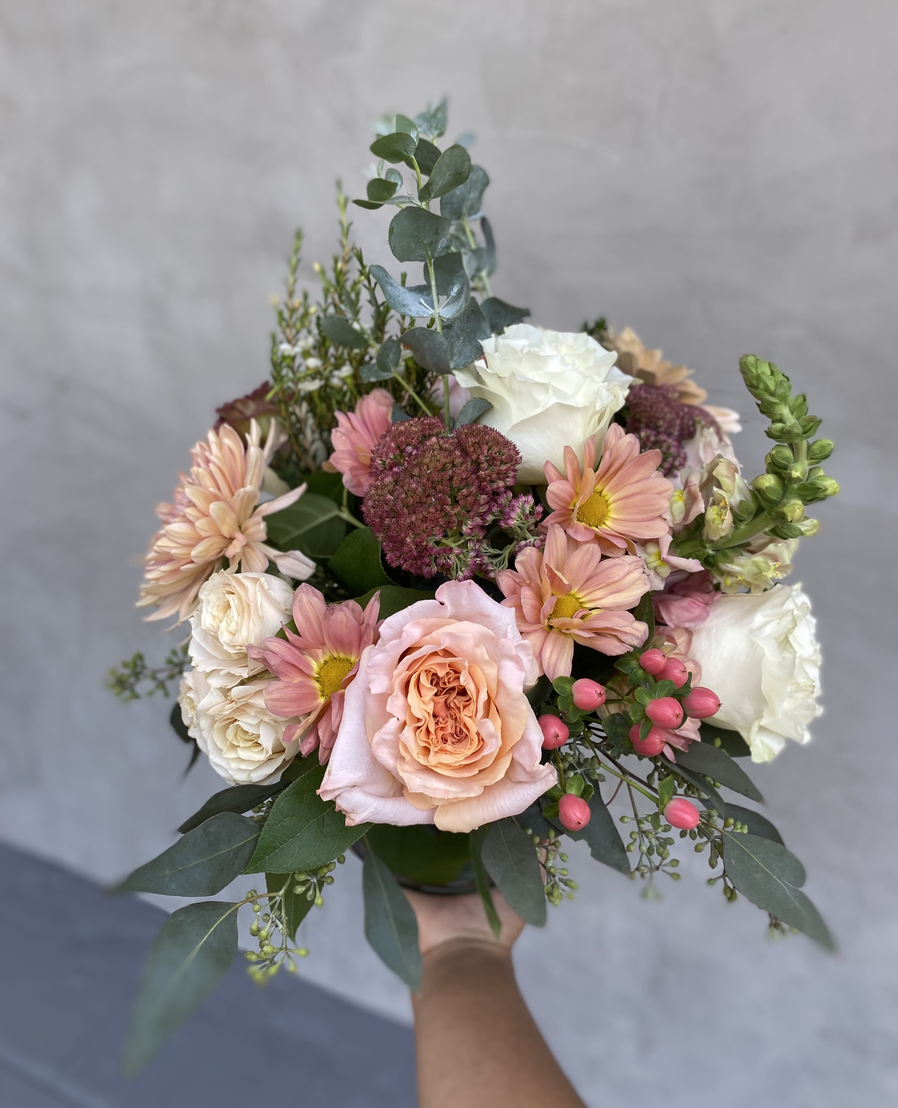 Calm Rose - Pink, purple, blue and white garden-style arrangement with roses, lilies, gerbera and mixed blooms-soft, romantic and cheerful for Mother's Day, birthdays, anniversaries or just because.