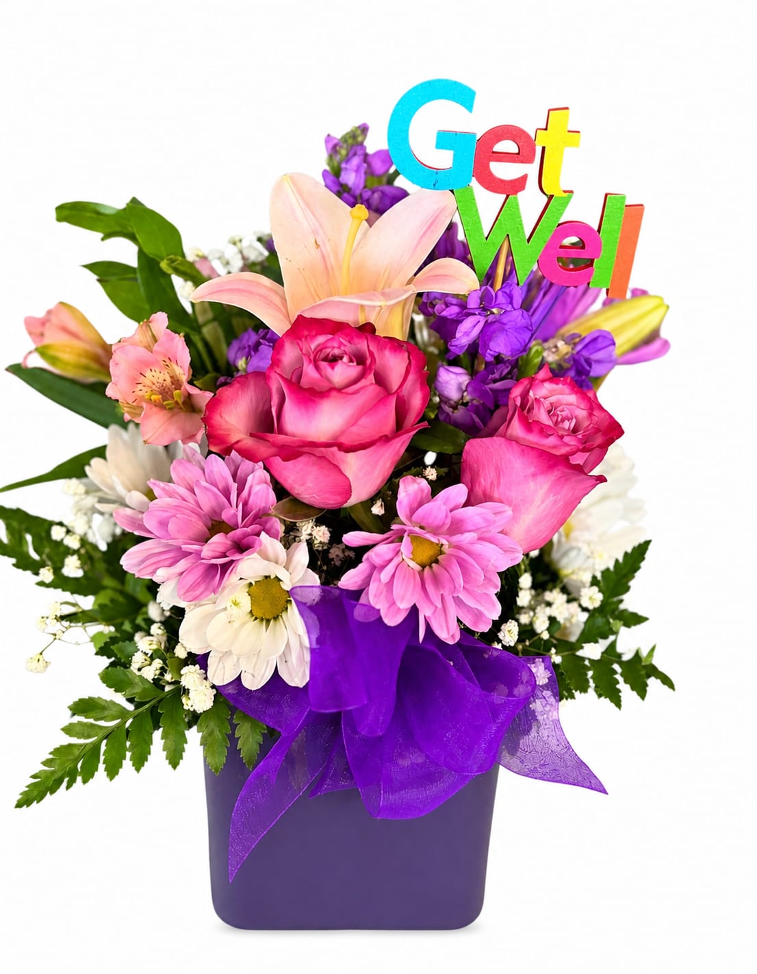 Mixed bouquet in a purple vase with a colorful "Get Well" sign