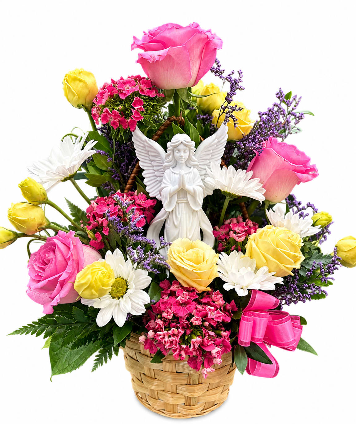 Basket arrangement of pink and yellow roses with daisies and an angel figurine