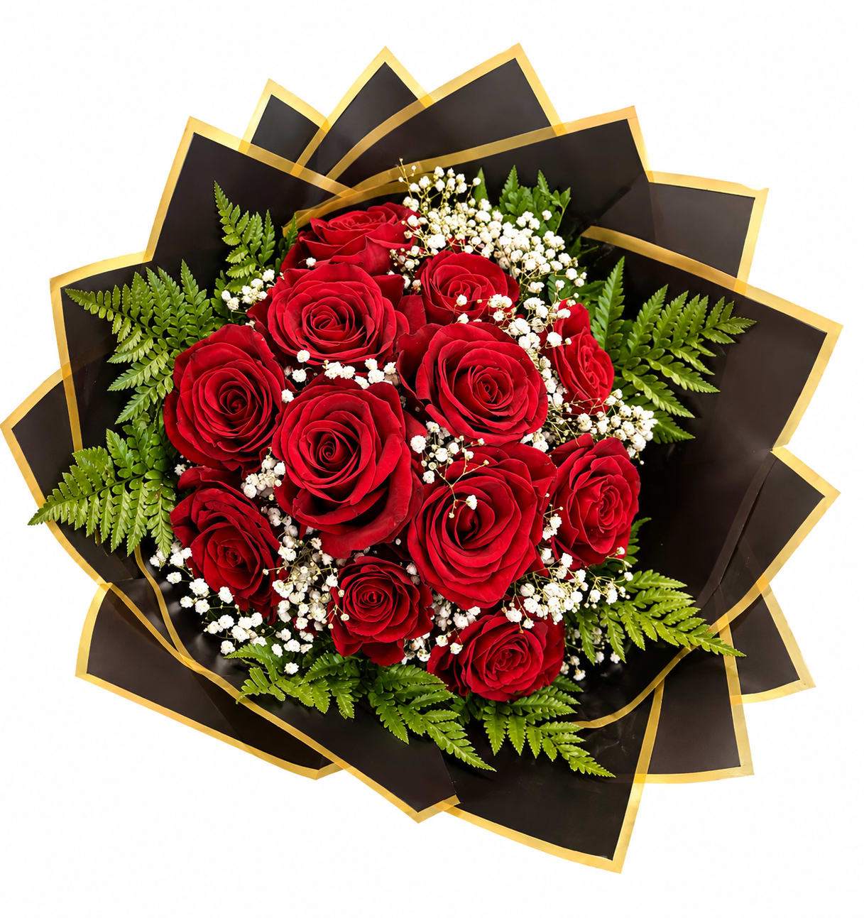 Bouquet of red roses with white baby's breath and fern foliage
