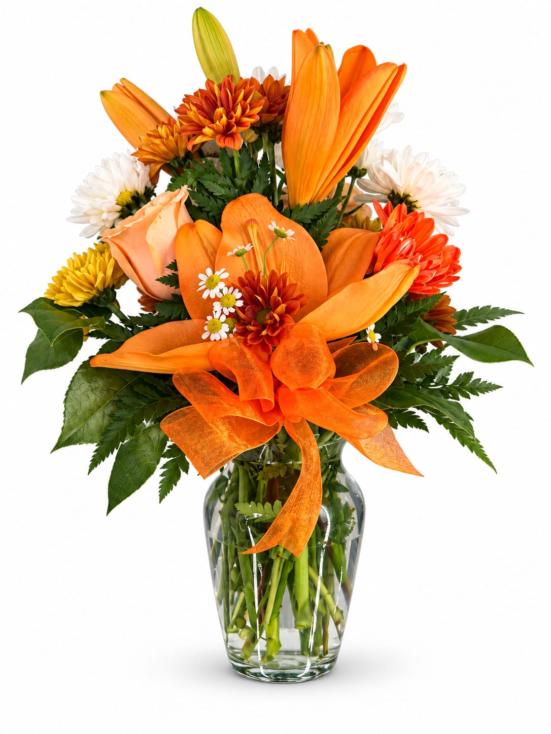 Orange and white mixed bouquet in a glass vase with an orange ribbon